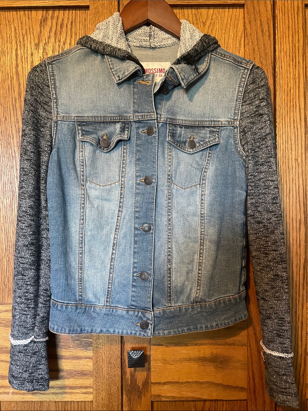 Mossimo Supply Co. Blue Denim Jacket with Gray Knit Hood & Sleeves
